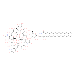 ChemSpider 2D Image | (2S,3R,4E)-3-Hydroxy-2-(palmitoylamino)-4-octadecen-1-yl 5-acetamido-6-[(1S,2R)-2-({5-acetamido-6-[(1S,2R)-2-({5-acetamido-3,5-dideoxy-6-[(1R,2R)-1,2,3-trihydroxypropyl]-beta-L-threo-hex-2-ulopyranono
syl}oxy)-1,3-dihydroxypropyl]-3,5-dideoxy-beta-L-threo-hex-2-ulopyranonosyl}oxy)-1,3-dihydroxypropyl]-3,5-dideoxy-beta-L-threo-hex-2-ulopyranonosyl-(2->3)-[2-deoxy-2-(2-oxopropyl)-beta-D-galactopyrano
syl-(1->4)]-beta-D-galactopyranosyl-(1->4)-beta-D-glucopyranoside | C88H152N4O42