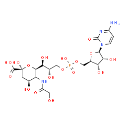 ChemSpider 2D Image | (2S,4S,6R)-6-[(2S)-3-{[{[(2R,3S,4R,5R)-5-(4-Amino-2-oxo-1(2H)-pyrimidinyl)-3,4-dihydroxytetrahydro-2-furanyl]methoxy}(hydroxy)phosphoryl]oxy}-1,2-dihydroxypropyl]-5-(glycoloylamino)-2,4-dihydroxytetra
hydro-2H-pyran-2-carboxylic acid (non-preferred name) | C20H31N4O17P