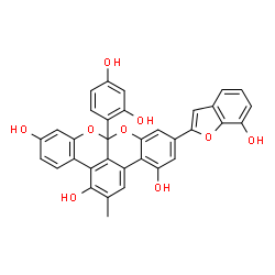 ChemSpider 2D Image | 8a-(2,4-Dihydroxyphenyl)-6-(7-hydroxy-1-benzofuran-2-yl)-2-methyl-8aH-benzo[3,4]isochromeno[1,8-bc]chromene-1,4,11-triol | C34H22O9