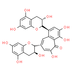 ChemSpider 2D Image | 3,4,6-Trihydroxy-1,8-bis[(2S,3S)-3,5,7-trihydroxy-3,4-dihydro-2H-chromen-2-yl]-5H-benzo[7]annulen-5-one | C29H24O12