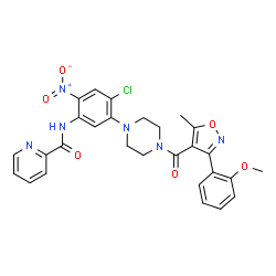 ChemSpider 2D Image | N-[4-Chloro-5-(4-{[3-(2-methoxyphenyl)-5-methyl-1,2-oxazol-4-yl]carbonyl}-1-piperazinyl)-2-nitrophenyl]-2-pyridinecarboxamide | C28H25ClN6O6
