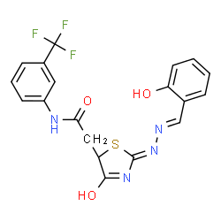 ChemSpider 2D Image | 2-{(5S)-2-[(2E)-2-(2-Hydroxybenzylidene)hydrazino]-4-oxo-4,5-dihydro-1,3-thiazol-5-yl}-N-[3-(trifluoromethyl)phenyl]acetamide | C19H15F3N4O3S
