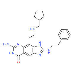 ChemSpider 2D Image | 6-Amino-4-{2-[(cyclopentylmethyl)amino]ethyl}-2-[(2-phenylethyl)amino]-3,7-dihydro-8H-imidazo[4,5-g]quinazolin-8-one | C25H31N7O