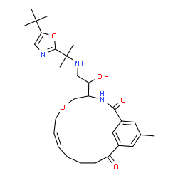 ChemSpider 2D Image | (4S,8E)-4-[(1R)-1-Hydroxy-2-({2-[5-(2-methyl-2-propanyl)-1,3-oxazol-2-yl]-2-propanyl}amino)ethyl]-16-methyl-6-oxa-3-azabicyclo[12.3.1]octadeca-1(18),8,14,16-tetraene-2,13-dione | C29H41N3O5