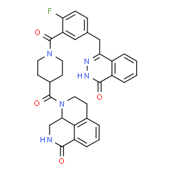ChemSpider 2D Image | (9aR)-1-[(1-{2-Fluoro-5-[(4-oxo-3,4-dihydro-1-phthalazinyl)methyl]benzoyl}-4-piperidinyl)carbonyl]-1,2,3,8,9,9a-hexahydro-7H-benzo[de][1,7]naphthyridin-7-one | C33H30FN5O4