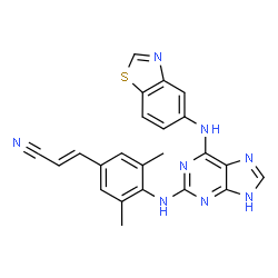 ChemSpider 2D Image | (2E)-3-(4-{[6-(1,3-Benzothiazol-5-ylamino)-9H-purin-2-yl]amino}-3,5-dimethylphenyl)acrylonitrile | C23H18N8S