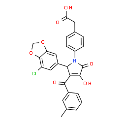 ChemSpider 2D Image | {4-[(2S)-2-(7-Chloro-1,3-benzodioxol-5-yl)-4-hydroxy-3-(3-methylbenzoyl)-5-oxo-2,5-dihydro-1H-pyrrol-1-yl]phenyl}acetic acid | C27H20ClNO7