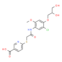 ChemSpider 2D Image | 6-{[2-({5-Chloro-4-[(2S)-2,3-dihydroxypropoxy]-2-methoxyphenyl}amino)-2-oxoethyl]sulfanyl}nicotinic acid | C18H19ClN2O7S