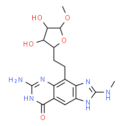 ChemSpider 2D Image | Methyl 6-[6-amino-2-(methylamino)-8-oxo-7,8-dihydro-1H-imidazo[4,5-g]quinazolin-4-yl]-5,6-dideoxy-beta-D-ribo-hexofuranoside | C17H22N6O5