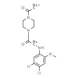 ChemSpider 2D Image | 1-(4-{[(4,5-Dichloro-2-methoxyphenyl)amino]acetyl}-1-piperazinyl)-1-propanone | C16H21Cl2N3O3