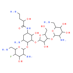ChemSpider 2D Image | (2s)-4-Amino-N-{(1r,2s,3r,4r,5s)-5-Amino-3-{[3-O-(2,6-Diamino-2,6-Dideoxy-Beta-L-Idopyranosyl)-Beta-D-Ribofuranosyl]oxy}-4-[(2,6-Diamino-2,4,6-Trideoxy-4-Fluoro-Alpha-D-Galactopyranosyl)oxy]-2-Hydroxycyclohexyl}-2-Hydroxybutanamide | C27H52FN7O14