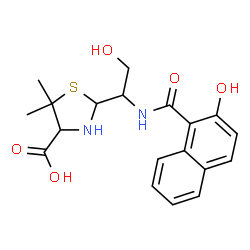 ChemSpider 2D Image | (2R,4S)-2-{(1R)-2-Hydroxy-1-[(2-hydroxy-1-naphthoyl)amino]ethyl}-5,5-dimethyl-1,3-thiazolidine-4-carboxylic acid | C19H22N2O5S