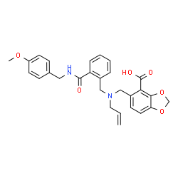 ChemSpider 2D Image | 5-[(Allyl{2-[(4-methoxybenzyl)carbamoyl]benzyl}amino)methyl]-1,3-benzodioxole-4-carboxylic acid | C28H28N2O6