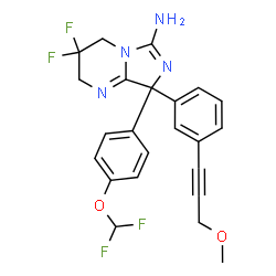 ChemSpider 2D Image | (8R)-8-[4-(Difluoromethoxy)phenyl]-3,3-difluoro-8-[3-(3-methoxy-1-propyn-1-yl)phenyl]-2,3,4,8-tetrahydroimidazo[1,5-a]pyrimidin-6-amine | C23H20F4N4O2