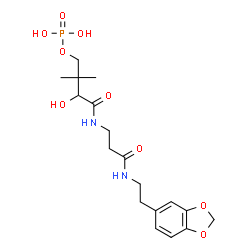 ChemSpider 2D Image | N-[2-(1,3-Benzodioxol-5-yl)ethyl]-N~3~-[(2R)-2-hydroxy-3,3-dimethyl-4-(phosphonooxy)butanoyl]-beta-alaninamide | C18H27N2O9P