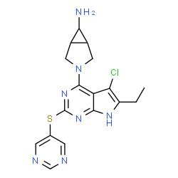 ChemSpider 2D Image | (1R,5S,6s)-3-[5-Chloro-6-ethyl-2-(5-pyrimidinylsulfanyl)-7H-pyrrolo[2,3-d]pyrimidin-4-yl]-3-azabicyclo[3.1.0]hexan-6-amine | C17H18ClN7S