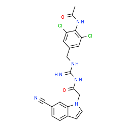 ChemSpider 2D Image | N-[N-(4-Acetamido-3,5-dichlorobenzyl)carbamimidoyl]-2-(6-cyano-1H-indol-1-yl)acetamide | C21H18Cl2N6O2