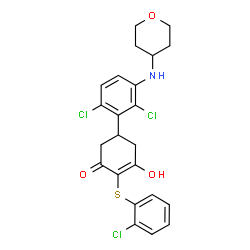 ChemSpider 2D Image | (5R)-2-[(2-Chlorophenyl)sulfanyl]-5-[2,6-dichloro-3-(tetrahydro-2H-pyran-4-ylamino)phenyl]-3-hydroxy-2-cyclohexen-1-one | C23H22Cl3NO3S