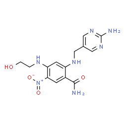 ChemSpider 2D Image | 2-{[(2-Amino-5-pyrimidinyl)methyl]amino}-4-[(2-hydroxyethyl)amino]-5-nitrobenzamide | C14H17N7O4