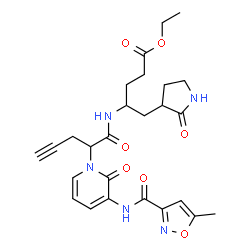 ChemSpider 2D Image | Ethyl (4R)-4-({(2S)-2-[3-{[(5-methyl-1,2-oxazol-3-yl)carbonyl]amino}-2-oxo-1(2H)-pyridinyl]-4-pentynoyl}amino)-5-[(3S)-2-oxo-3-pyrrolidinyl]pentanoate | C26H31N5O7