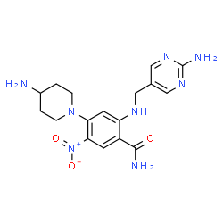 ChemSpider 2D Image | 4-(4-Amino-1-piperidinyl)-2-{[(2-amino-5-pyrimidinyl)methyl]amino}-5-nitrobenzamide | C17H22N8O3