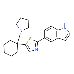 ChemSpider 2D Image | 5-{5-[1-(1-Pyrrolidinyl)cyclohexyl]-1,3-thiazol-2-yl}-1H-indole | C21H25N3S