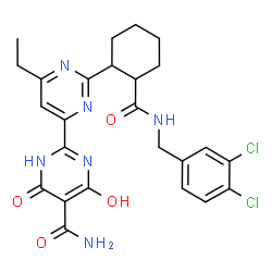 ChemSpider 2D Image | 2'-{(1S,2S)-2-[(3,4-Dichlorobenzyl)carbamoyl]cyclohexyl}-6'-ethyl-4-hydroxy-6-oxo-1,6-dihydro-2,4'-bipyrimidine-5-carboxamide | C25H26Cl2N6O4