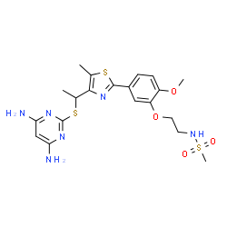 ChemSpider 2D Image | N-{2-[5-(4-{(1R)-1-[(4,6-Diamino-2-pyrimidinyl)sulfanyl]ethyl}-5-methyl-1,3-thiazol-2-yl)-2-methoxyphenoxy]ethyl}methanesulfonamide | C20H26N6O4S3