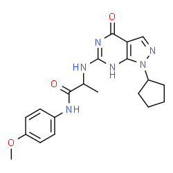 ChemSpider 2D Image | N~2~-(1-Cyclopentyl-4-oxo-4,7-dihydro-1H-pyrazolo[3,4-d]pyrimidin-6-yl)-N-(4-methoxyphenyl)-D-alaninamide | C20H24N6O3