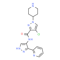 ChemSpider 2D Image | 4-Chloro-1-(4-piperidinyl)-N-[3-(2-pyridinyl)-1H-pyrazol-4-yl]-1H-pyrazole-3-carboxamide | C17H18ClN7O