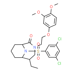 ChemSpider 2D Image | (1S,5S,6R)-10-[(3,5-Dichlorophenyl)sulfonyl]-3-[2-(3,4-dimethoxyphenoxy)ethyl]-5-ethyl-3,10-diazabicyclo[4.3.1]decan-2-one | C26H32Cl2N2O6S