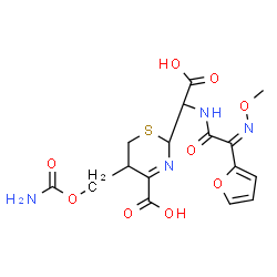 ChemSpider 2D Image | (2R,5S)-5-[(Carbamoyloxy)methyl]-2-[(R)-carboxy{[(2Z)-2-(2-furyl)-2-(methoxyimino)acetyl]amino}methyl]-5,6-dihydro-2H-1,3-thiazine-4-carboxylic acid | C16H18N4O9S