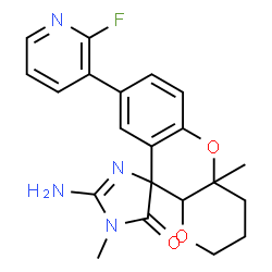 ChemSpider 2D Image | (4S,4a'R,10a'S)-2-Amino-8'-(2-fluoro-3-pyridinyl)-1,4a'-dimethyl-3',4',4a',10a'-tetrahydro-2'H-spiro[imidazole-4,10'-pyrano[3,2-b]chromen]-5(1H)-one | C21H21FN4O3
