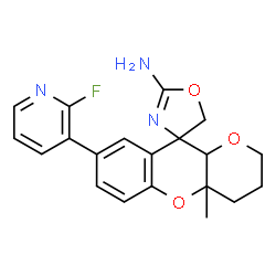 ChemSpider 2D Image | (4R,4a'R,10a'S)-8'-(2-Fluoro-3-pyridinyl)-4a'-methyl-3',4',4a',10a'-tetrahydro-2'H-spiro[1,3-oxazole-4,10'-pyrano[3,2-b]chromen]-2-amine | C20H20FN3O3