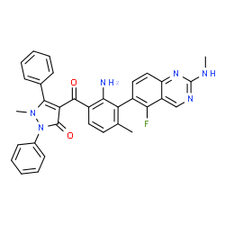 ChemSpider 2D Image | 4-{2-Amino-3-[5-fluoro-2-(methylamino)-6-quinazolinyl]-4-methylbenzoyl}-1-methyl-2,5-diphenyl-1,2-dihydro-3H-pyrazol-3-one | C33H27FN6O2