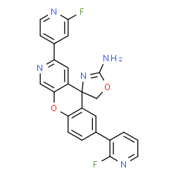ChemSpider 2D Image | (5S)-7-(2-Fluoro-3-pyridinyl)-3-(2-fluoro-4-pyridinyl)spiro[chromeno[2,3-c]pyridine-5,4'-[1,3]oxazol]-2'-amine | C24H15F2N5O2