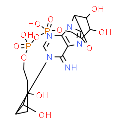 ChemSpider 2D Image | (2R,3S,4R,5R,8S,10S,13R,14S,15R,16R)-24-Imino-7,9,11,25-tetraoxa-1,17,19,22-tetraaza-8,10-diphosphapentacyclo[18.3.1.1~2,5~.1~13,16~.0~17,21~]hexacosa-18,20,22-triene-3,4,8,10,14,15-hexol 8,10-dioxide | C16H23N5O12P2