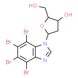 ChemSpider 2D Image | 4,5,6,7-Tetrabromo-1-(2-deoxy-beta-D-erythro-pentofuranosyl)-1H-benzimidazole | C12H10Br4N2O3