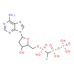 ChemSpider 2D Image | 2'-Deoxy-5'-O-[(S)-{(S)-fluoro[(S)-hydroxy(phosphonooxy)phosphoryl]methyl}(hydroxy)phosphoryl]adenosine | C11H17FN5O11P3