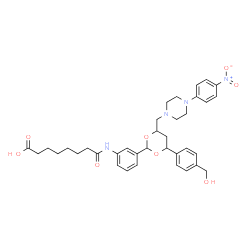 ChemSpider 2D Image | 8-{[3-(4-[4-(Hydroxymethyl)phenyl]-6-{[4-(4-nitrophenyl)-1-piperazinyl]methyl}-1,3-dioxan-2-yl)phenyl]amino}-8-oxooctanoic acid | C36H44N4O8