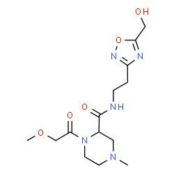 ChemSpider 2D Image | N-{2-[5-(Hydroxymethyl)-1,2,4-oxadiazol-3-yl]ethyl}-1-(methoxyacetyl)-4-methyl-2-piperazinecarboxamide | C14H23N5O5
