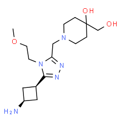 ChemSpider 2D Image | 1-{[5-(cis-3-Aminocyclobutyl)-4-(2-methoxyethyl)-4H-1,2,4-triazol-3-yl]methyl}-4-(hydroxymethyl)-4-piperidinol | C16H29N5O3