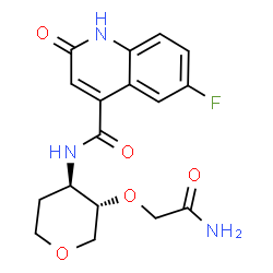 ChemSpider 2D Image | 2-O-(2-Amino-2-oxoethyl)-1,5-anhydro-3,4-dideoxy-3-{[(6-fluoro-2-oxo-1,2-dihydro-4-quinolinyl)carbonyl]amino}-D-threo-pentitol | C17H18FN3O5