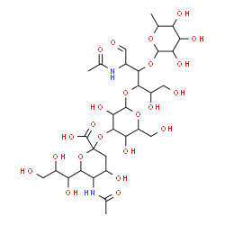 ChemSpider 2D Image | 5-Acetamido-3,5-dideoxy-6-(1,2,3-trihydroxypropyl)hex-2-ulopyranonosyl-(2->3)hexopyranosyl-(1->4)-[6-deoxyhexopyranosyl-(1->3)]-2-acetamido-2-deoxyhexose | C31H52N2O23
