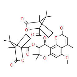 ChemSpider 2D Image | (9R,10R)-5-Methoxy-4,8,8-trimethyl-2-oxo-9,10-dihydro-2H,8H-pyrano[2,3-f]chromene-9,10-diyl bis(4,7,7-trimethyl-3-oxo-2-oxabicyclo[2.2.1]heptane-1-carboxylate) | C36H42O12
