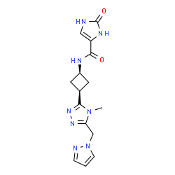 ChemSpider 2D Image | N-{cis-3-[4-Methyl-5-(1H-pyrazol-1-ylmethyl)-4H-1,2,4-triazol-3-yl]cyclobutyl}-2-oxo-2,3-dihydro-1H-imidazole-4-carboxamide | C15H18N8O2