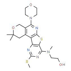 ChemSpider 2D Image | 2-{[2,2-Dimethyl-10-(methylsulfanyl)-5-(4-morpholinyl)-1,4-dihydro-2H-pyrano[4'',3'':4',5']pyrido[3',2':4,5]thieno[3,2-d]pyrimidin-8-yl](methyl)amino}ethanol | C22H29N5O3S2