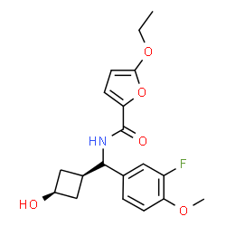 ChemSpider 2D Image | 5-Ethoxy-N-[(S)-(3-fluoro-4-methoxyphenyl)(cis-3-hydroxycyclobutyl)methyl]-2-furamide | C19H22FNO5