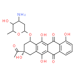 ChemSpider 2D Image | (3S)-3-Acetyl-3,5,10,12-tetrahydroxy-6,11-dioxo-1,2,3,4,6,11-hexahydro-1-tetracenyl 3-amino-2,3,6-trideoxyhexopyranoside | C26H27NO10