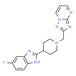 ChemSpider 2D Image | 2-{[4-(5-Fluoro-1H-benzimidazol-2-yl)-1-piperidinyl]methyl}[1,2,4]triazolo[1,5-a]pyrimidine | C18H18FN7